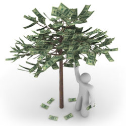 A person stands next to a money tree picking its fruit